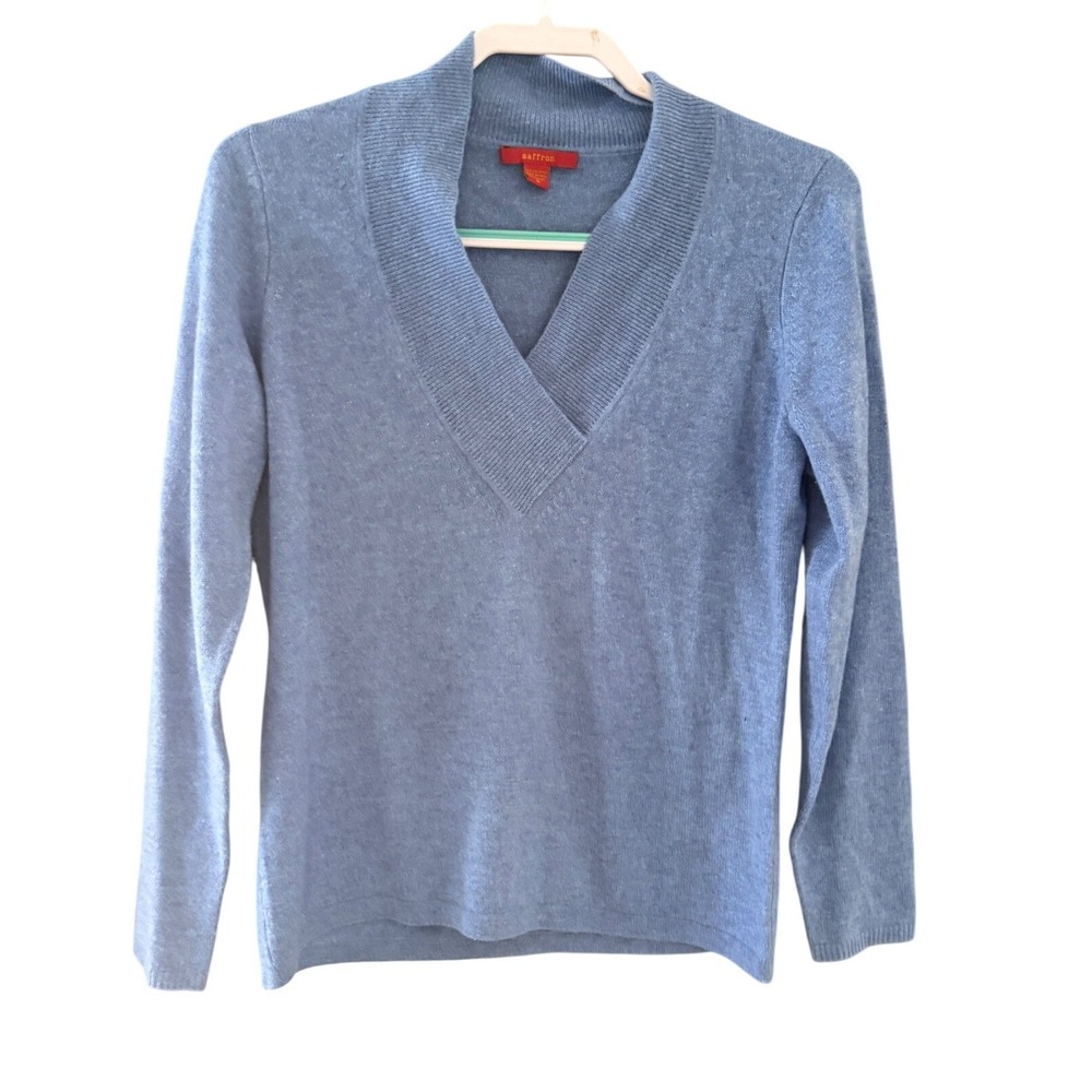 Saffron Womens 100% Cashmere V-Neck Sweater Light Blue Long Sleeve Size Medium